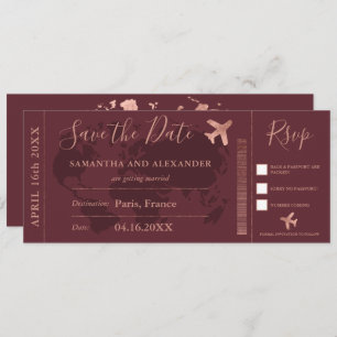 Save the Date Rose Gold Weltkarte Boarding Pass