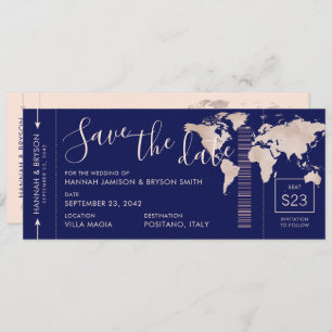 Save the Date Rose Gold World Map Boarding Pass