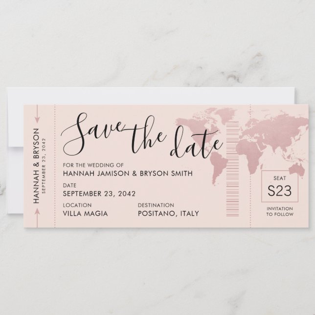 Save the Date Rose Gold World Map Boarding Pass Ankündigung (Vorderseite)