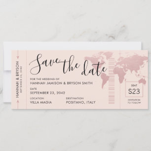 Save the Date Rose Gold World Map Boarding Pass Ankündigung