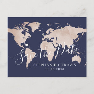 Save the Date Rose Gold World Map Save the Date Ankündigungspostkarte