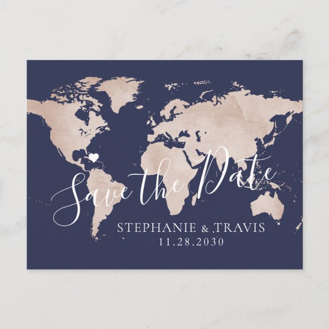 Save the Date Rose Gold World Map Save the Date Ankündigungspostkarte (Vorderseite)
