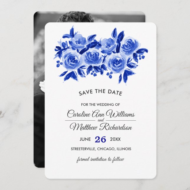 Save the Date Royal Blue Floral Foto Card (Vorne/Hinten)