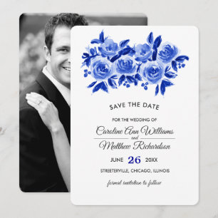 Save the Date Royal Blue Floral Foto Card
