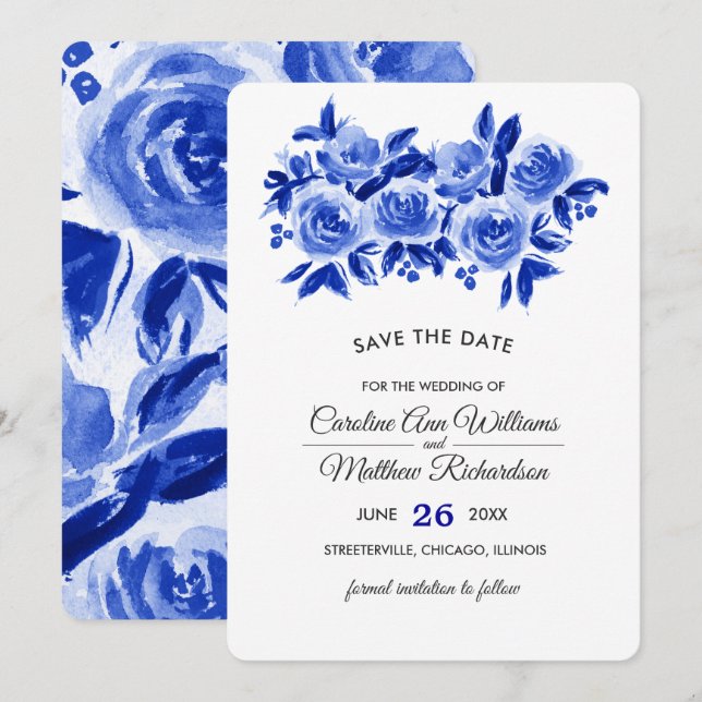 Save The Date. Royal Blue Floral Wedding Cards Date (Vorne/Hinten)