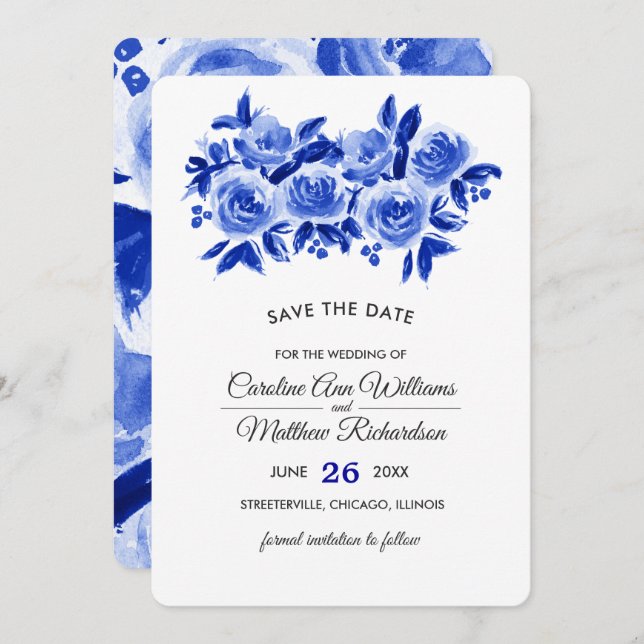 Save The Date. Royal Blue Floral Wedding Cards Save The Date (Vorne/Hinten)
