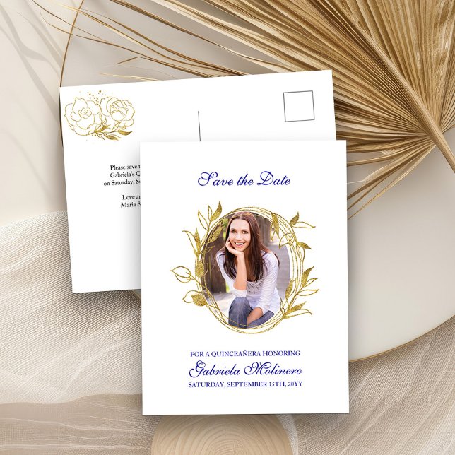 Save the Date Royal Blue und Gold Leaf Frame Foto Ankündigungspostkarte (Save the Date Postcard from my Elegant Gold Flowers Quinceanera Collection)