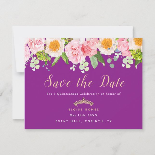 Save the Date Royal Lila Floral Quinceanera Card Dankeskarte (Vorderseite)