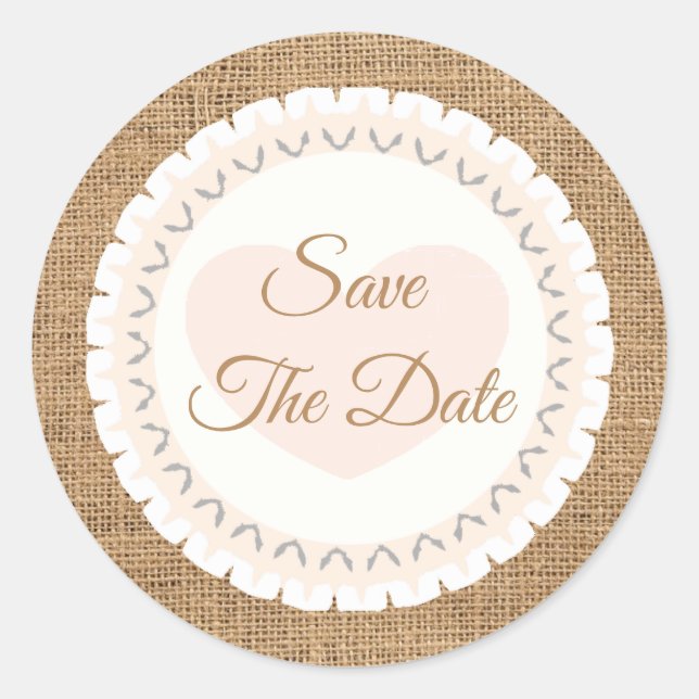 Save the Date Rustic Burlap Wedcker Runder Aufkleber (Vorderseite)