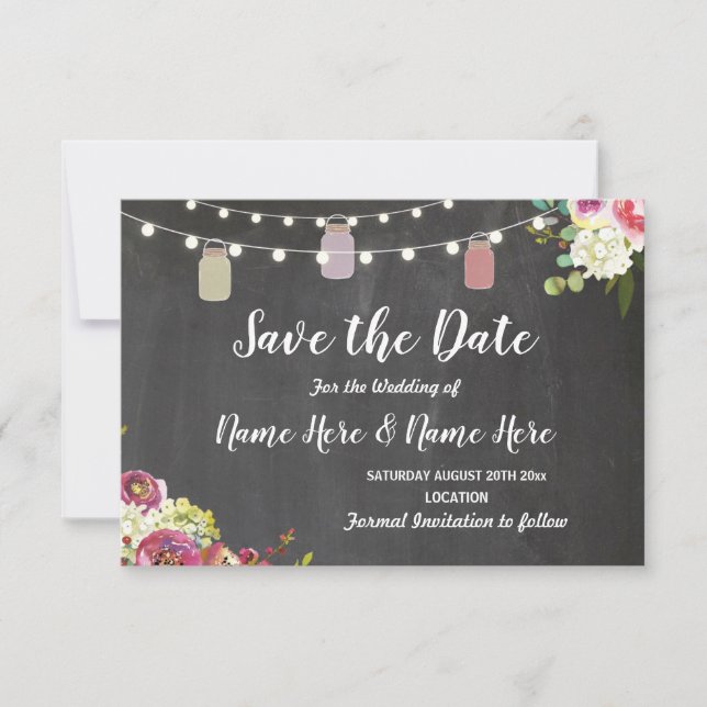Save the Date Rustic Jar Light Chalk Floral Einlad (Vorderseite)