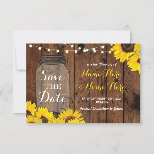 Save the Date Rustic Jar Wood Sunblumen einladen (Vorderseite)