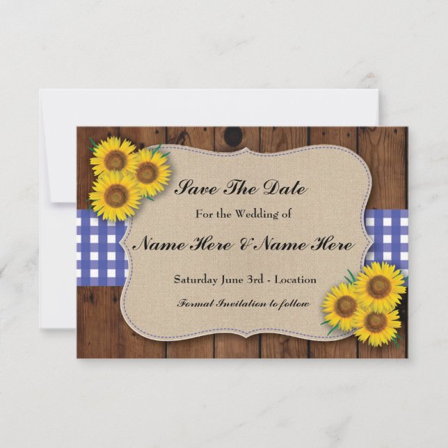 Save the Date Rustic Sunflower Karo Card (Vorderseite)