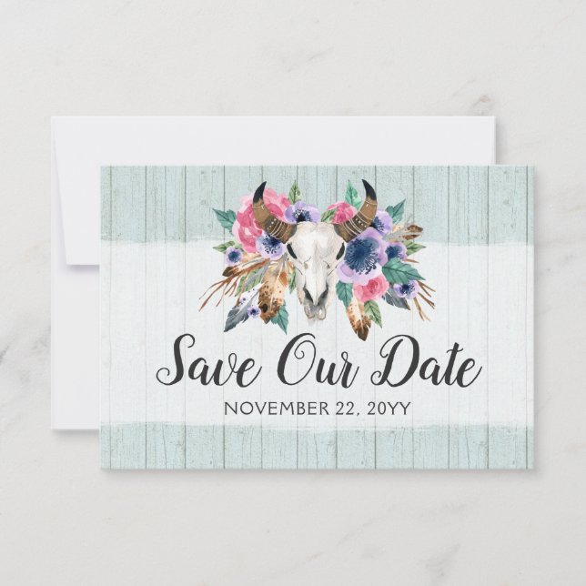 Save the Date Rustikale Blumenkuh Skull Boho Hochz (Vorderseite)
