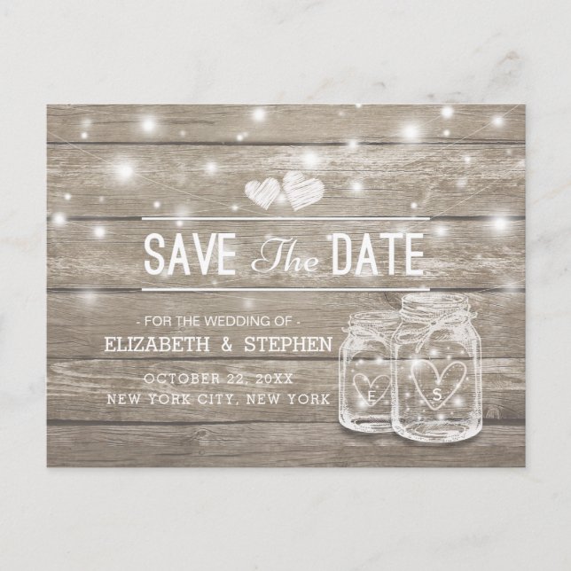 Save the Date rustikale Holz Mason Jar String Ligh Ankündigungspostkarte (Vorderseite)