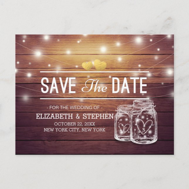 Save the Date rustikale Holz Mason Jar String Ligh Ankündigungspostkarte (Vorderseite)