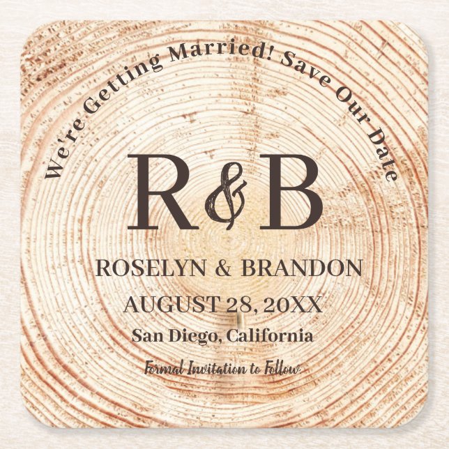 Save the Date rustikale Holzmonogrammbezeichnungen Rechteckiger Pappuntersetzer (Vorderseite)