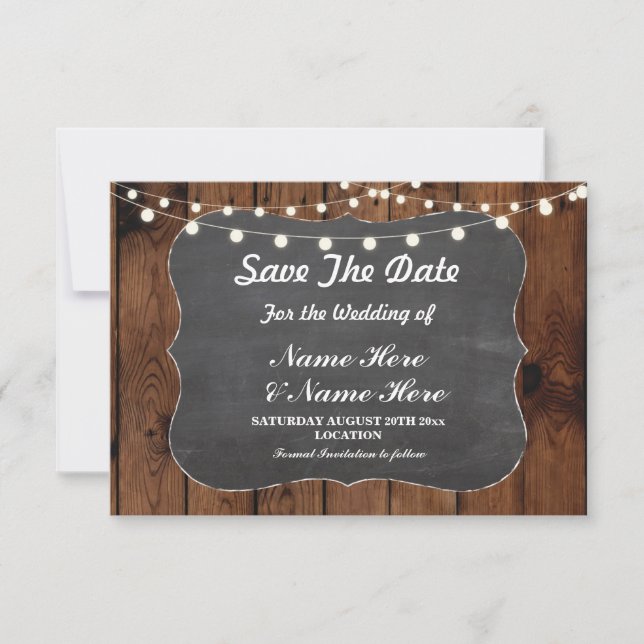 Save the Date rustikale Lichter Chalk Wood Elegant (Vorderseite)