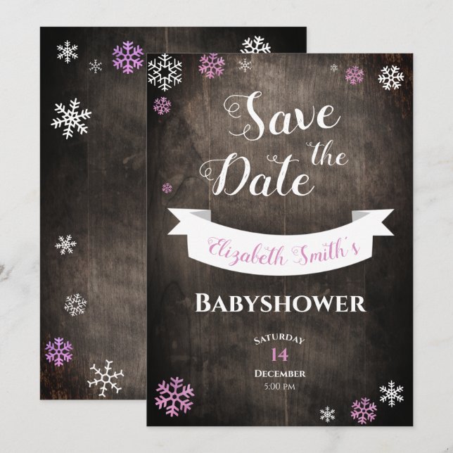 Save the Date rustikale Schneeflocke Babydusche Einladung (Vorne/Hinten)