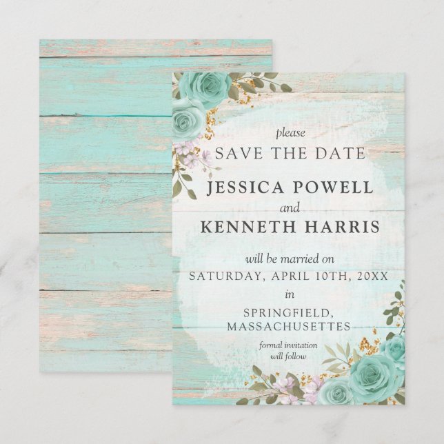 Save the Date Rustikale Türkisblume Vintage Karte (Vorne/Hinten)