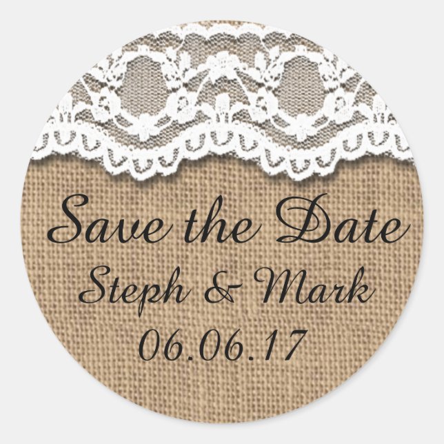 Save the Date, rustikaler Burlap und Lace Runder Aufkleber (Vorderseite)