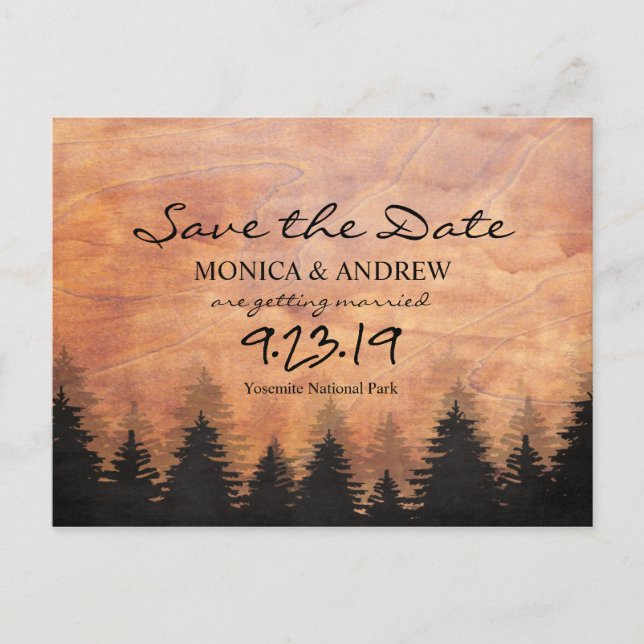 Save the Date Rustikaler Wald Postkarte (Vorderseite)