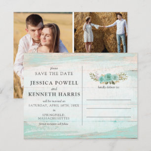 Save the Date Rustikales Holzblumen-FotoCollage Postkarte