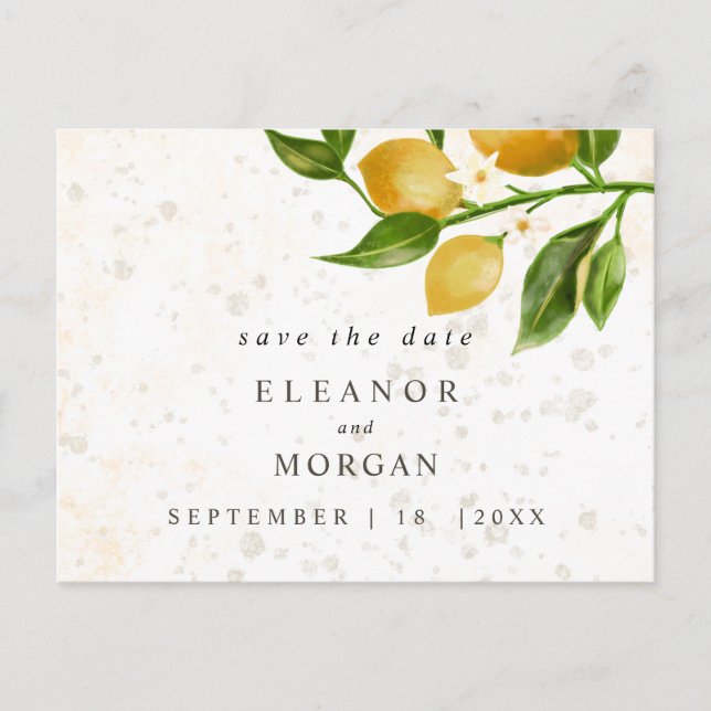 Save the Date saftige Zitronen Aquarellhochzeit Postkarte (Vorderseite)