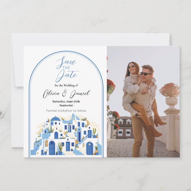 Save the Date Santorini Foto Griechenland Blue Whi (Vorderseite)