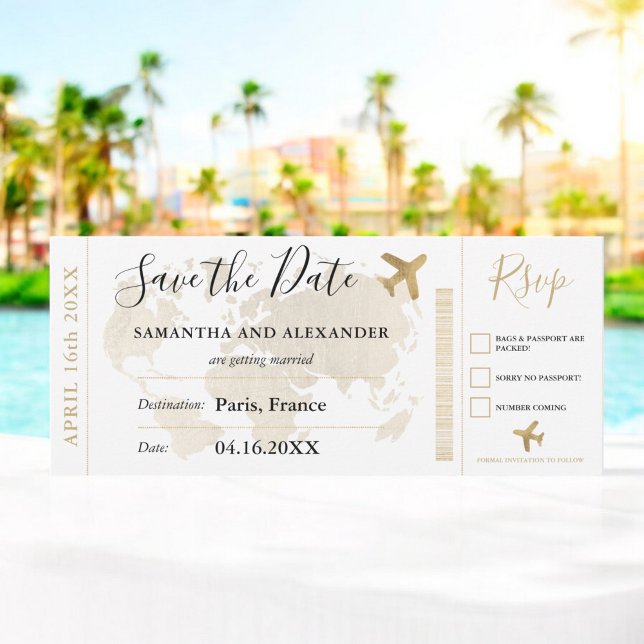 Save the Date schicke Goldweltkarte Boarding Pass (Save the date chic gold world map boarding pass)