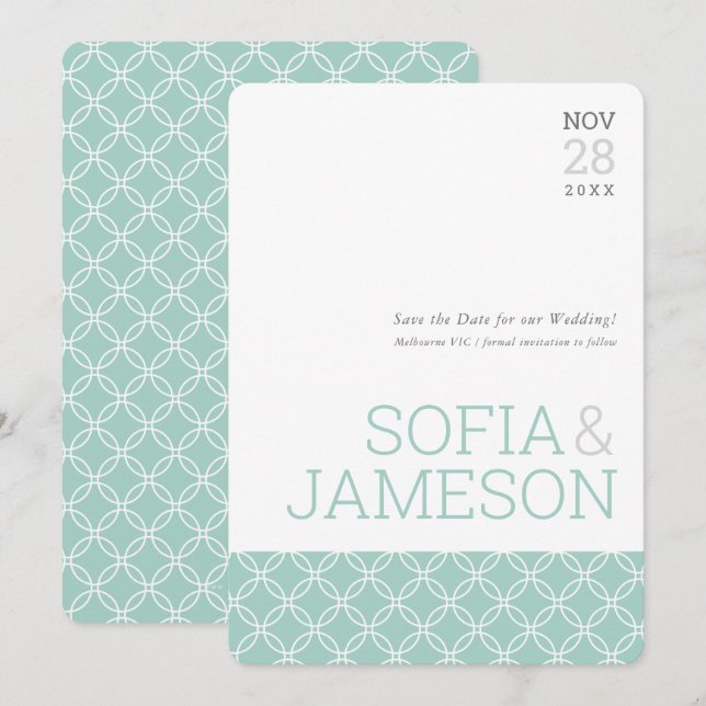 SAVE THE DATE schlichte, moderne pastellgraue Minz Einladung (Vorne/Hinten)