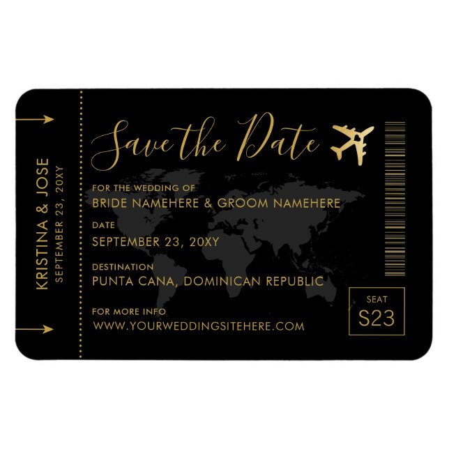 Save the Date Schwarz-Gold-Hochzeit in Urlaubsort Magnet (Horizontal)