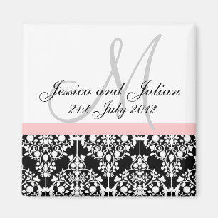 Save the Date Schwarz/Rosa Monogramm Damask Trelli Magnet