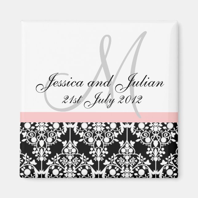 Save the Date Schwarz/Rosa Monogramm Damask Trelli Magnet (Vorne)