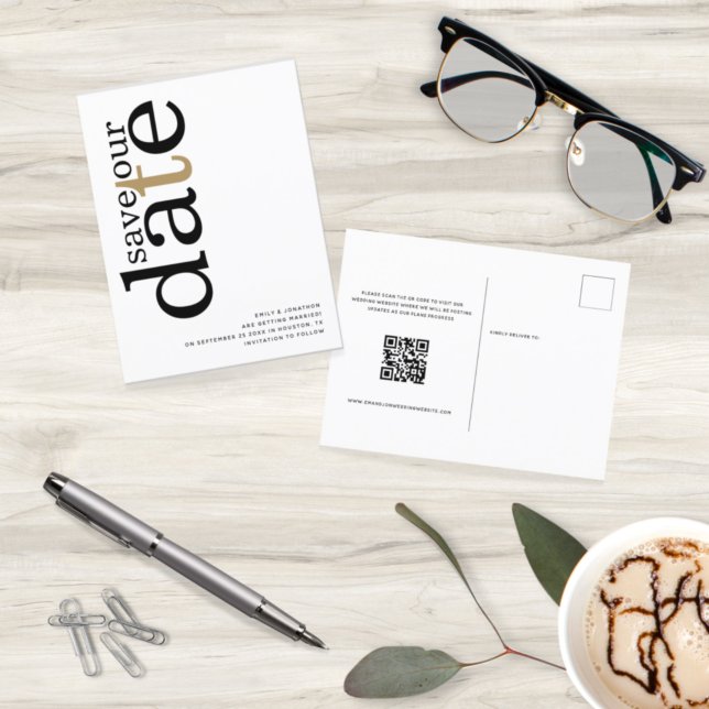 Save the Date Schwarz-weißer QR-Code für Minimalis Postkarte (Von Creator hochgeladen)