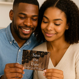 Save the Date Schwarze Imitate Spitzen und Holz Ankündigungspostkarte