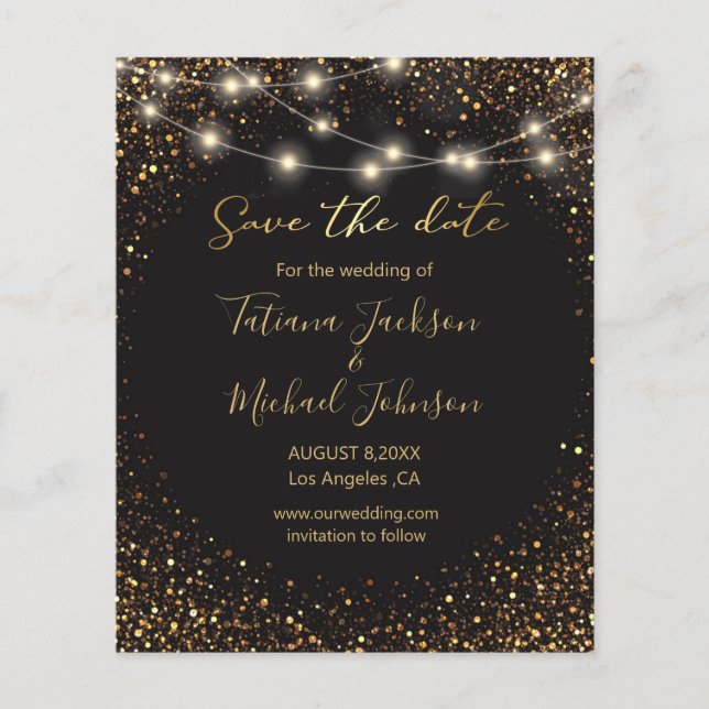 Save the Date Schwarzes Gold Glitzern Lichter Hoch Flyer (Vorne)