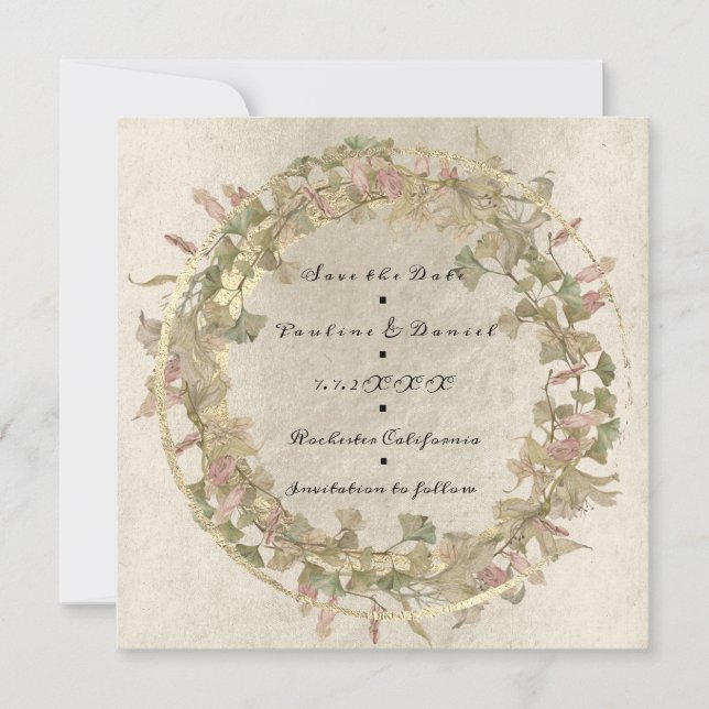 Save the Date Shabb Hütte Gold Blumenrosa Elfenbei (Vorderseite)