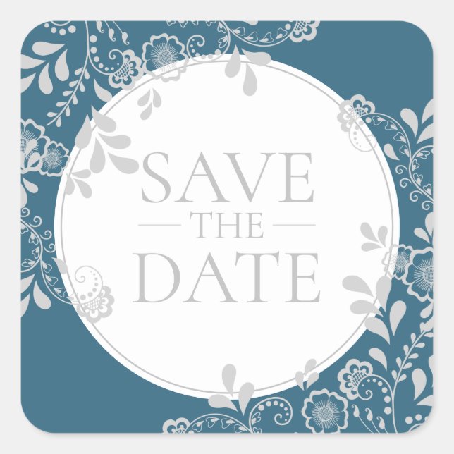 Save the Date Silver Blue Viktorianisch Floral Lac Quadratischer Aufkleber (Vorderseite)