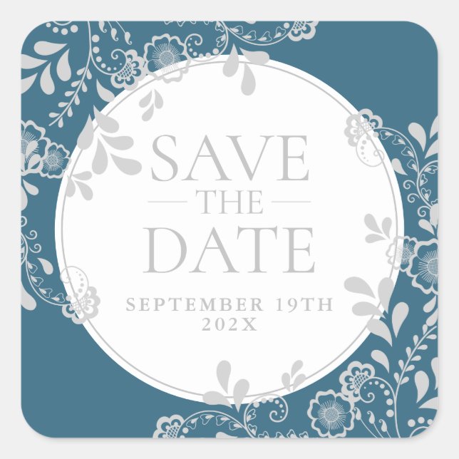 Save the Date Silver Blue Viktorianisch Floral Lac Quadratischer Aufkleber (Vorderseite)