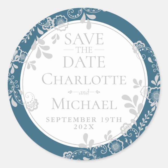 Save the Date Silver Blue Viktorianisch Floral Lac Runder Aufkleber (Vorderseite)