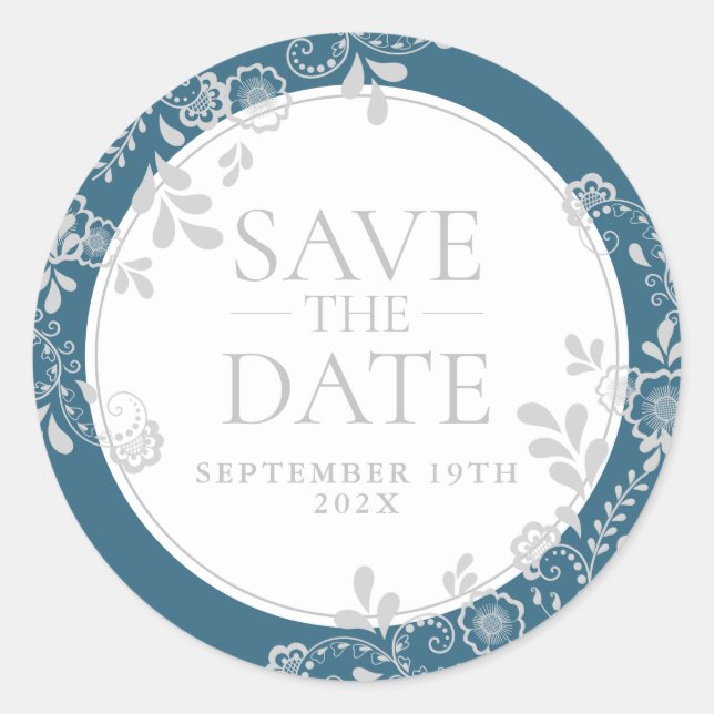 Save the Date Silver Blue Viktorianisch Floral Lac Runder Aufkleber (Vorderseite)