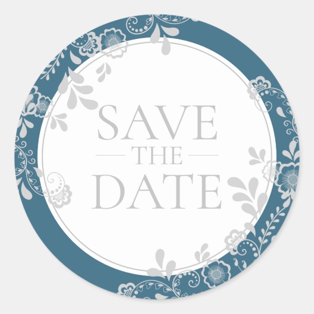 Save the Date Silver Blue Viktorianisch Floral Lac Runder Aufkleber (Vorderseite)