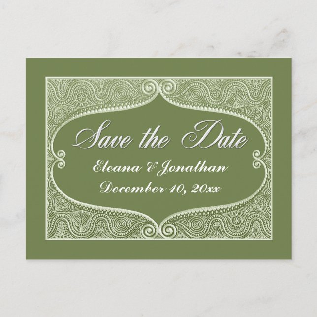 Save the Date Silver filigrane Jade, sage Ankündigungspostkarte (Vorderseite)