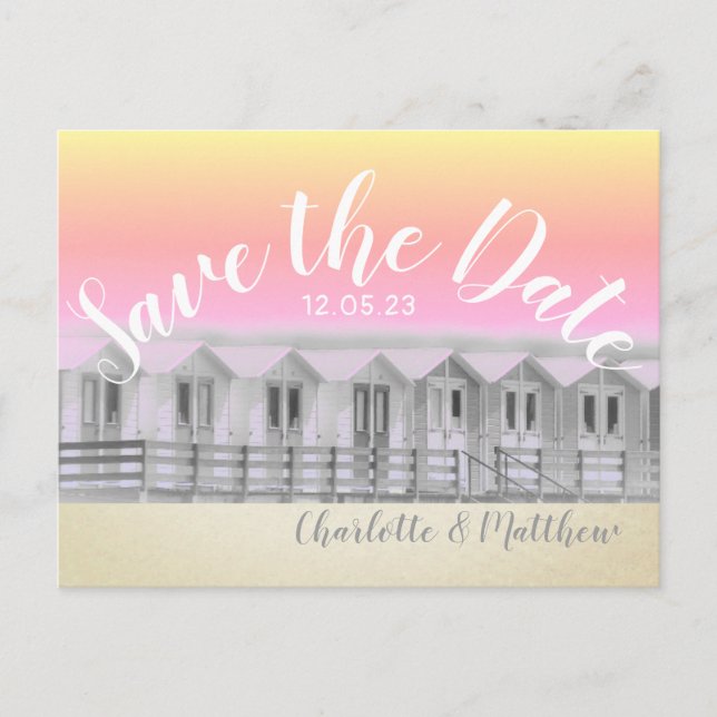 Save the Date Sonnenuntergang Strandhütte am Meer  Ankündigungspostkarte (Vorderseite)