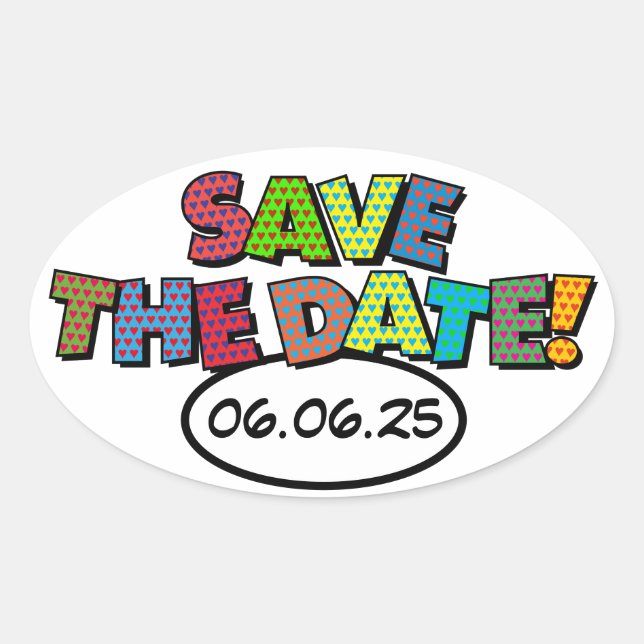 SAVE THE DATE Spaß Retro Comic Pop Kunst Ovaler Aufkleber (Vorderseite)