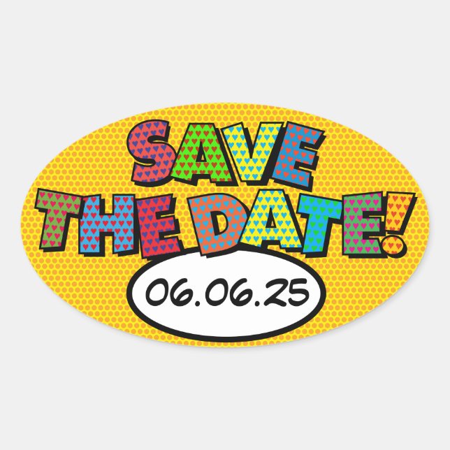 SAVE THE DATE Spaß Retro Comic Pop Kunst Ovaler Aufkleber (Vorderseite)