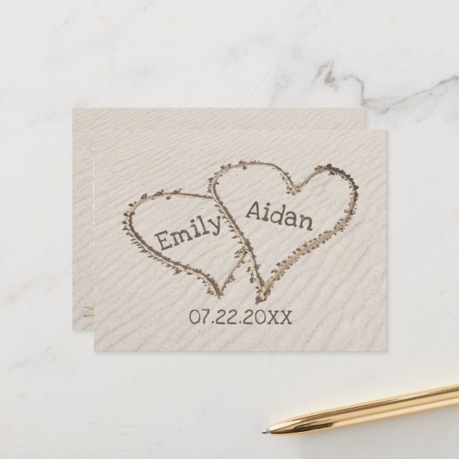 Save the Date Strandherzen mit Namen Postkarte (Vorderseite/Rückseite Beispiel)