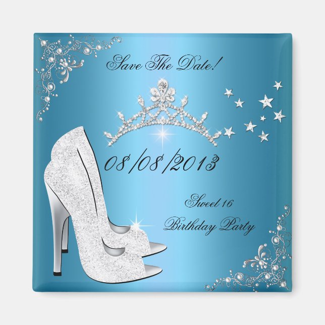 Save the Date Sweet 16 Blue High Heels Shoes Tiara Magnet (Vorne)