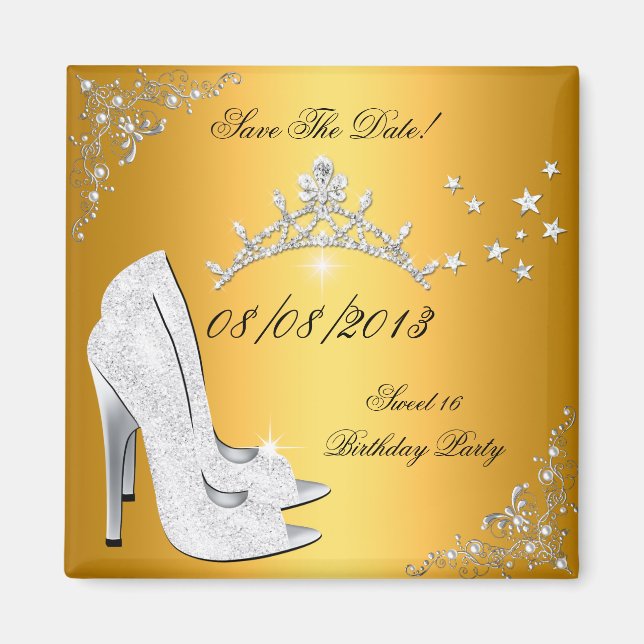 Save the Date Sweet 16 Gold High Heels Shoes Tiara Magnet (Vorne)