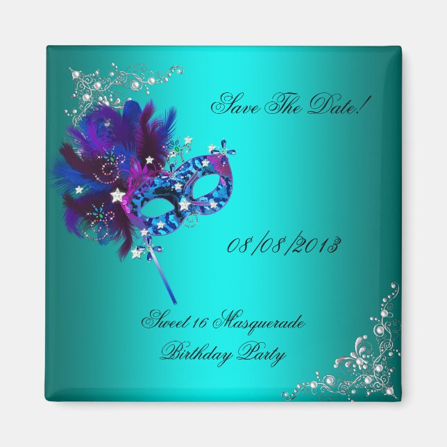 Save the Date Sweet 16 Masquerade Aquamarin Magnet (Vorne)